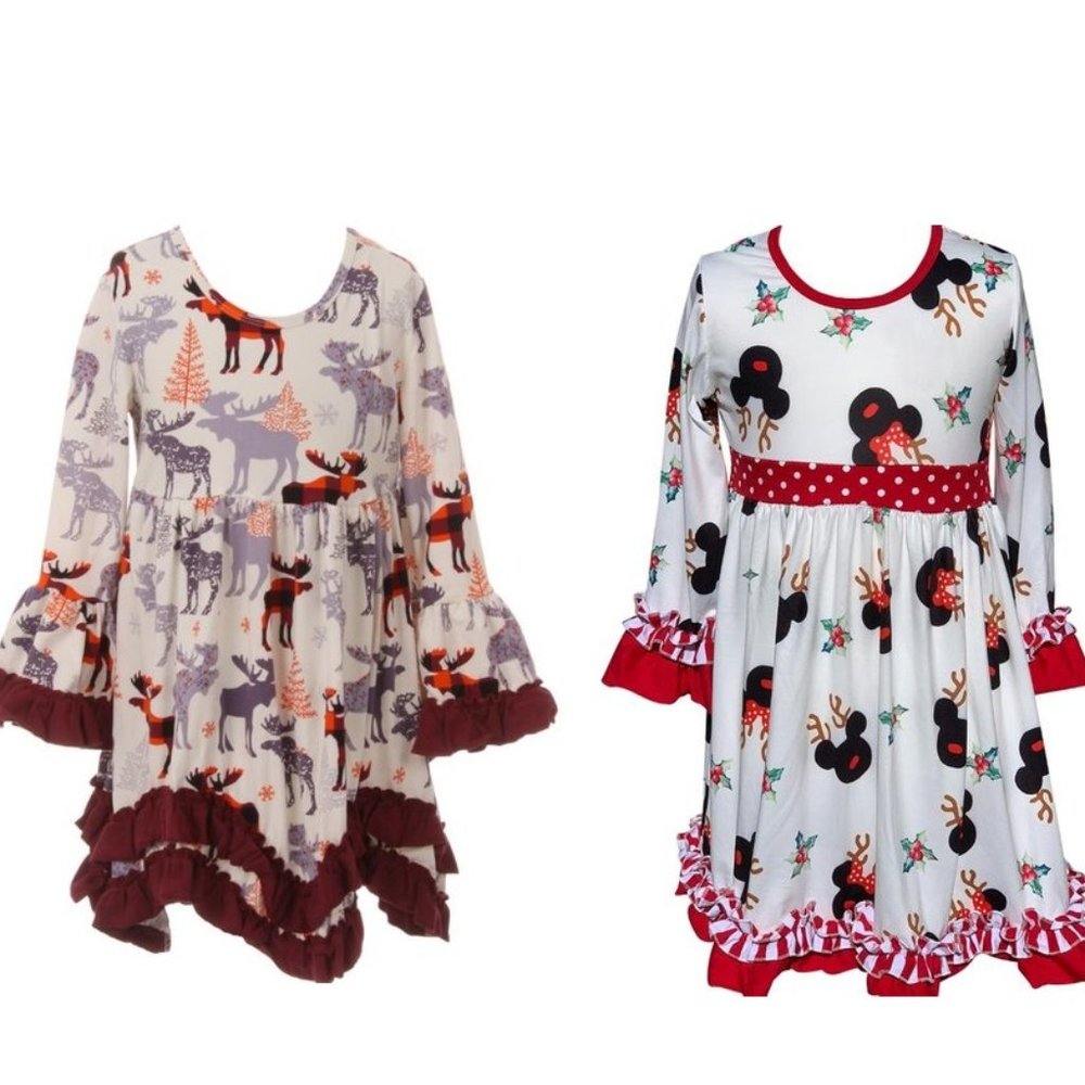 2 Pieces Dress Little Girl Kids Toddler Long Sleeve Santa Christmas Bundle